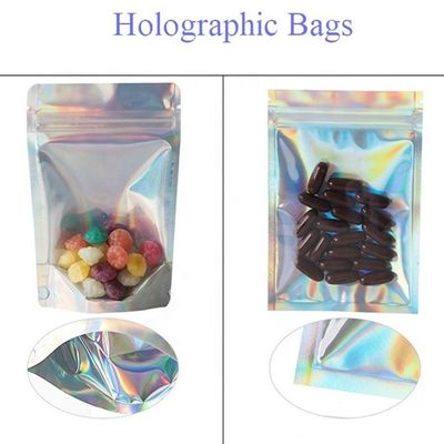 0.5OZ هولوگرافیک بلند پا کیف نقره ziplockk کیسه های ورق با شکاف اشک